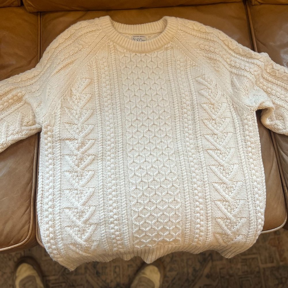 J Crew Rugged Merino Wool Ivory Cream Heavyweight Fisherman Sweater